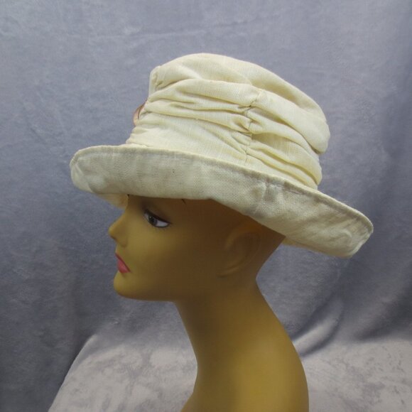 Vtg Cream Off-White Women\'s Summer Hat Linen Rouched Made in Hong Kong Flower M main image 9